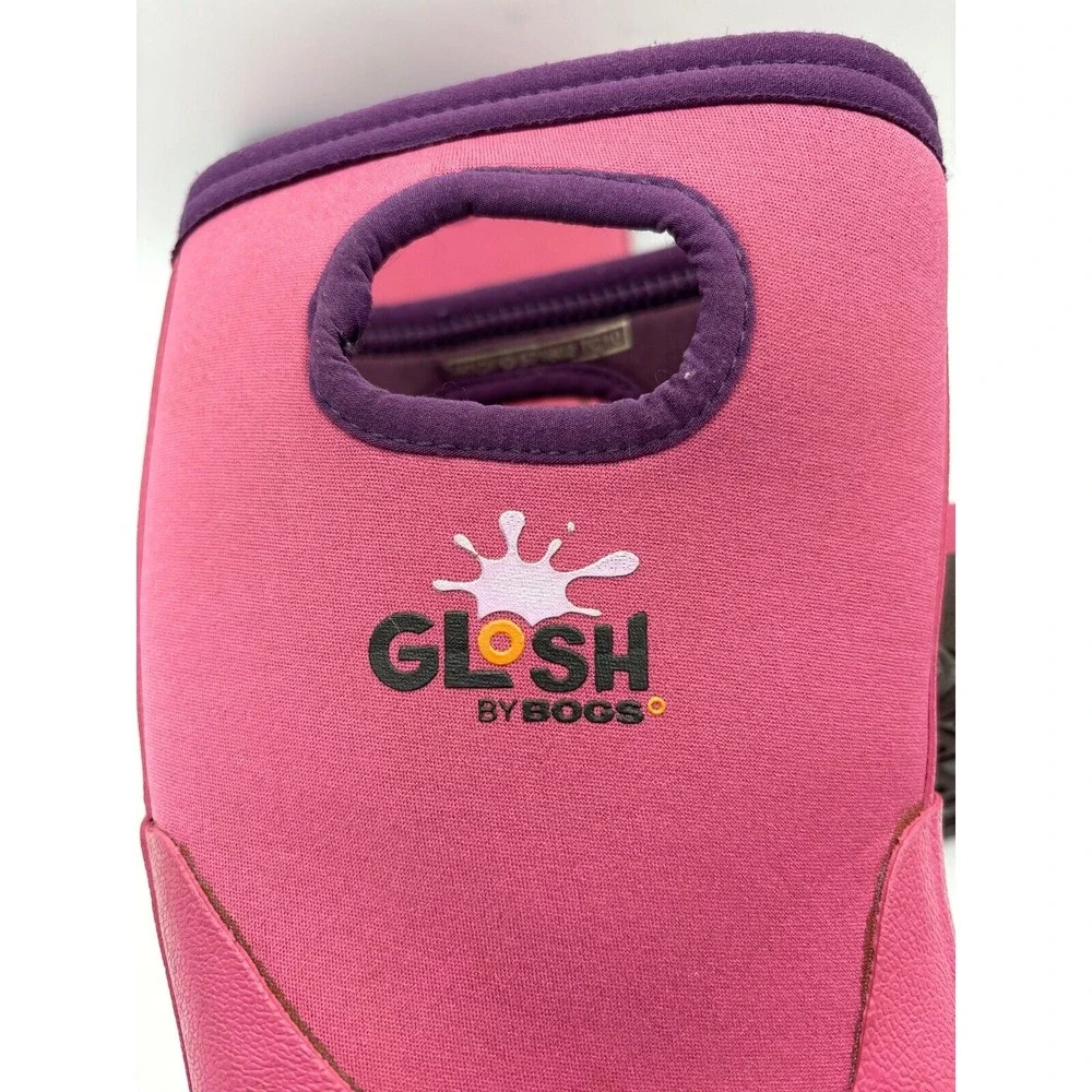 Glosh Bogs Girls 5 Pink Rubber Rain Snow Boots‎ Purple Trim Waterproof Pull-On